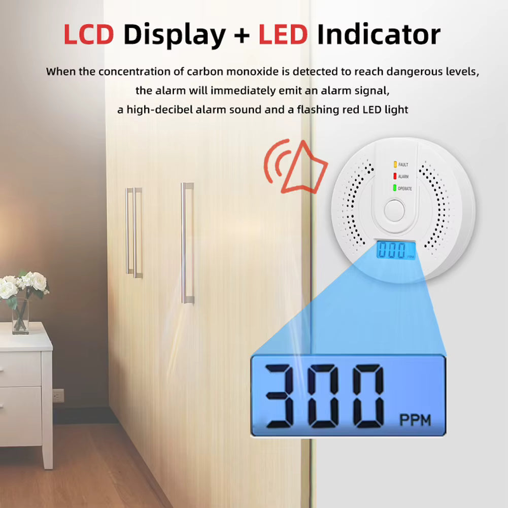 كاشف أول أكسيد الكربون الذكي بشاشة رقمية وإنذار صوتي